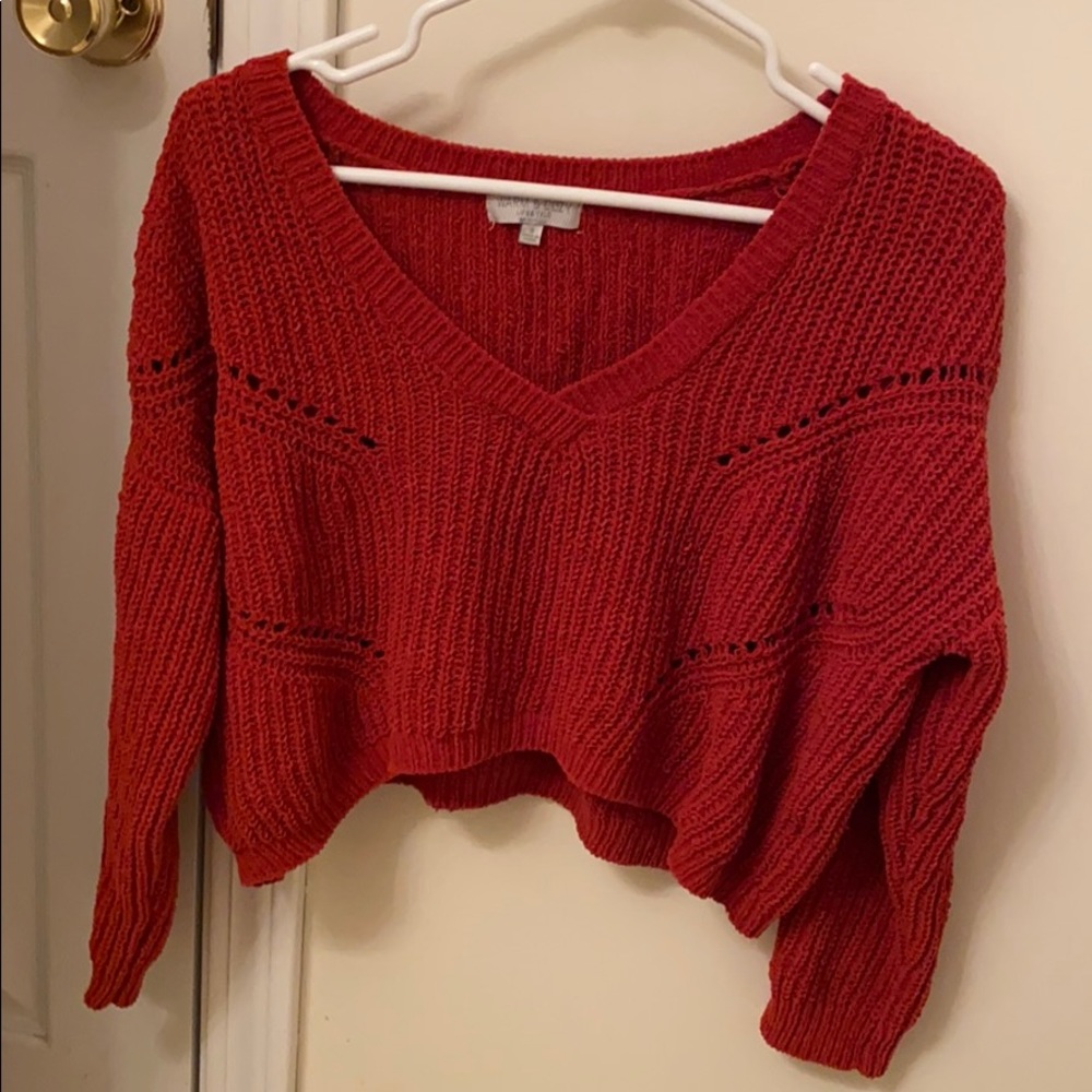 Cropped red v neck sweater